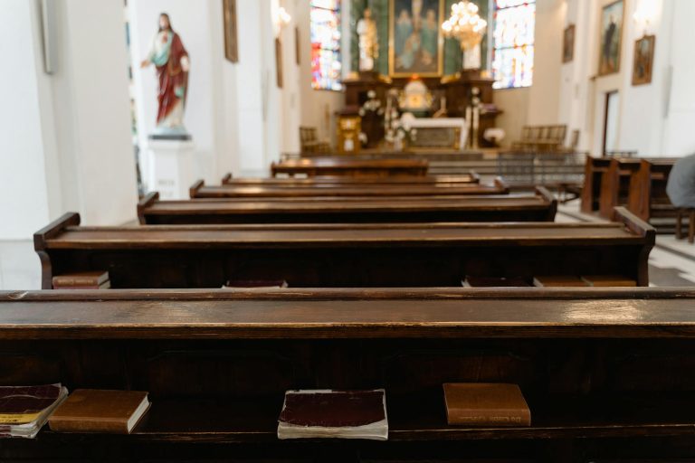 wooden pews in a church